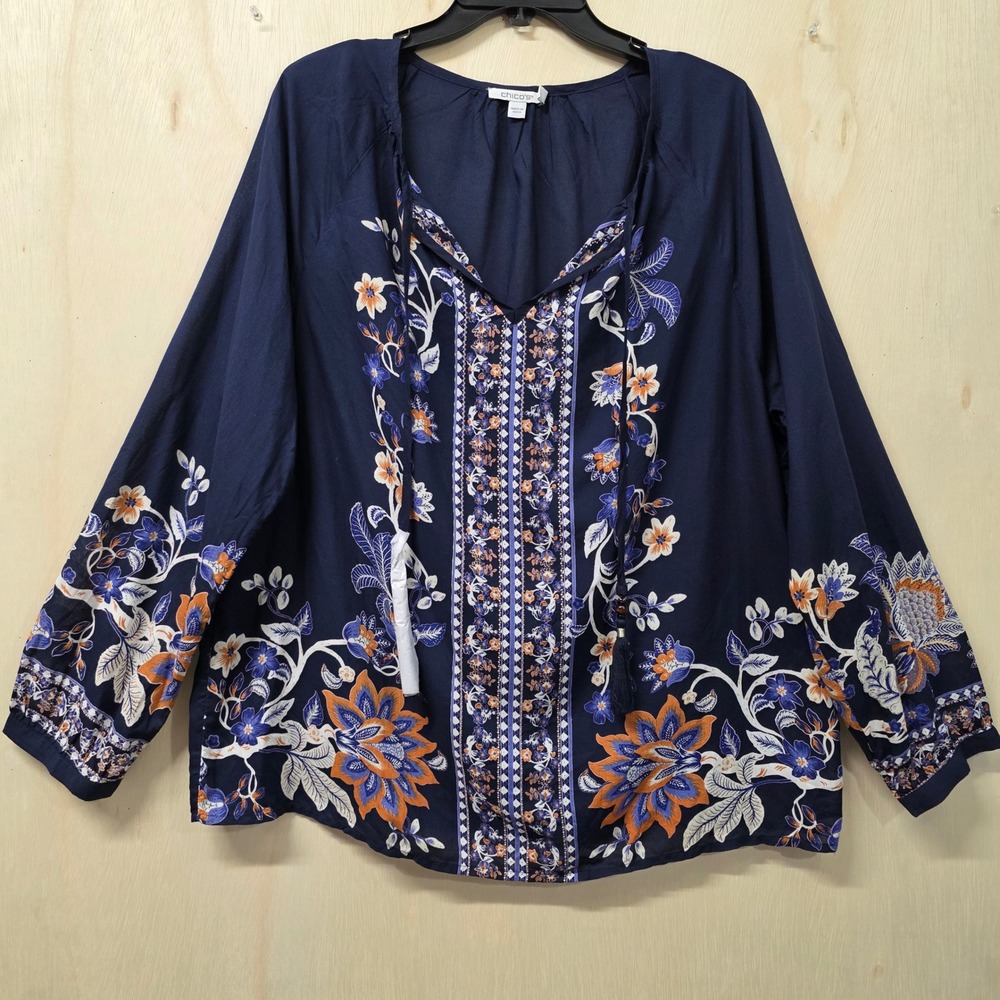 Chico's Navy Blue Floral Tassel Tie Modal Peasant Blouse Top Size 2 US 12
